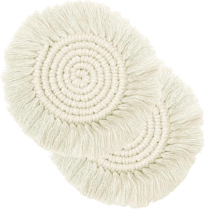 Boho Coasters Set of 2, Elegant Woven Cotton Drink Coasters, Handmade Macrame by Unknown