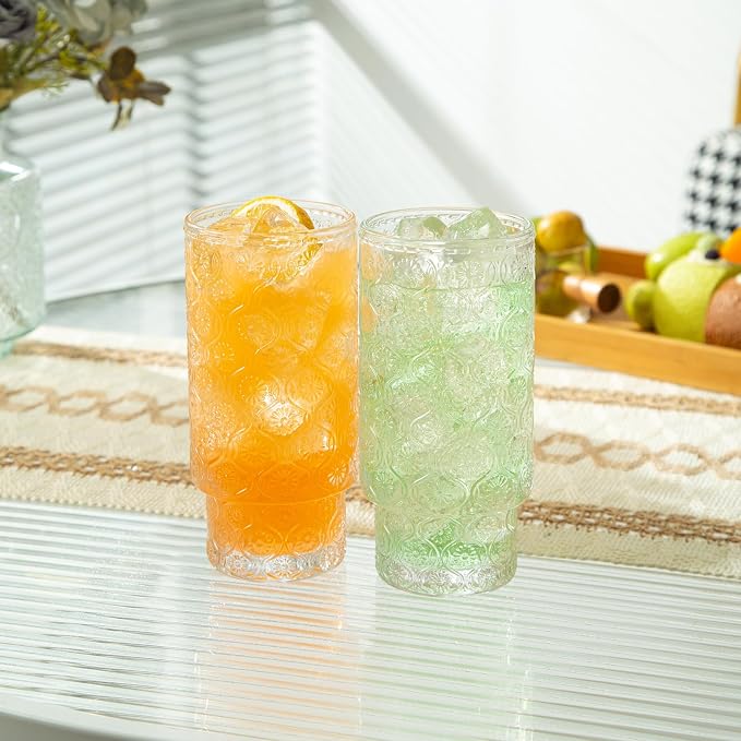 Drinking Glasses Set of 4, 16oz Textured Flower Design Cocktail Glasses - Image 8