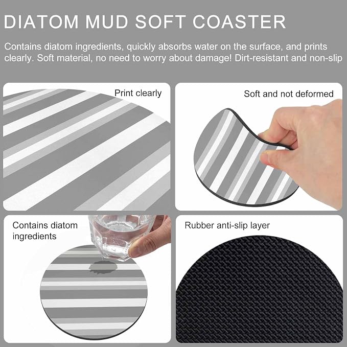 Grey Stripe Coasters Set of 6, Minimalist Farmhouse Striped Soft Absorbent - Image 9