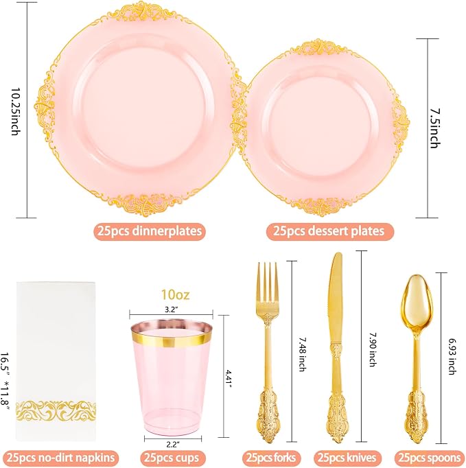 175 Pcs Pink Gold Plates for Easter | Pink Party Plates Set for 25 Guests - Image 7
