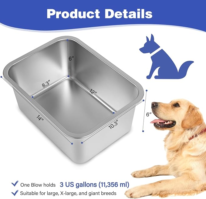 3 Gallon Large Dog Water Bowl, 2 Pack Stainless Steel Dog Bowls | 14 x 10.3 x 6 - Image 2