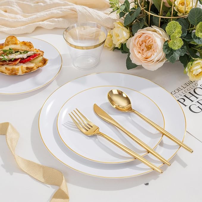bUCLA 150PCS White and Gold Plastic Plates Disposable - Image 7