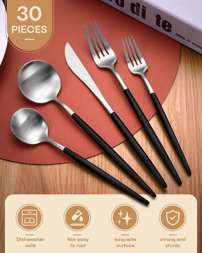 Silverware set for 6, Ollex 30-Piece Black and Silver Silverware Set include - Image 2