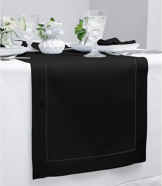 Solino Home 100% Pure Linen Dining Table Runner Black Hemstitch, 14 x 72 in | - Image 2