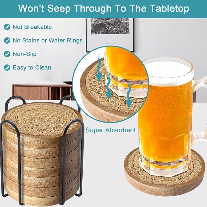 Eykao Wood Coasters for Drinks, Absorbent Coaster Sets of 8, Woven Drink - Image 2
