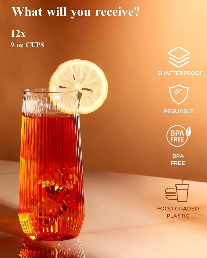 BESTSTAR 24 Pack Clear Plastic Ribbed Origami Ripple Plastic Glasses Set | 12 9 - Image 5