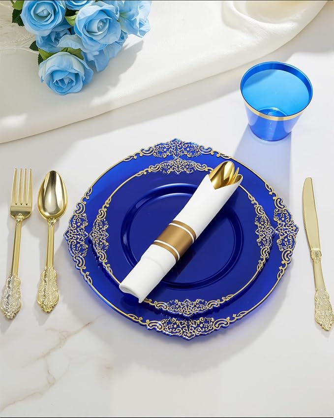 350 Piece Clear Blue Plastic Dinnerware Set - Image 3