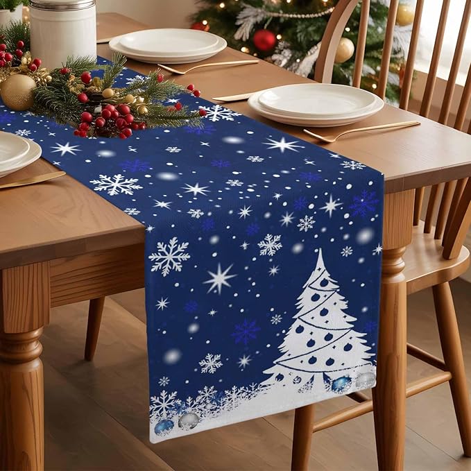 Navy Blue Christmas Tree Table Runner 48 Inches Long, Xmas Balls Snowflake - Image 3