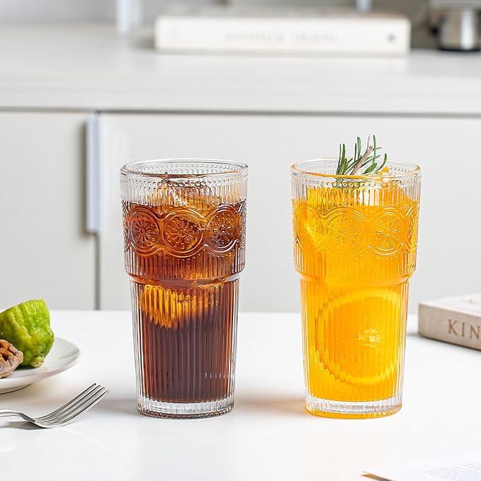 SoulTimes 20oz Drinking Glasses Set of 4, Large Thick Glass Cups Vintage - Image 2