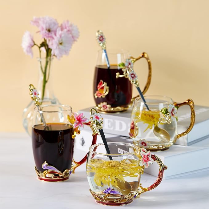 Tea Cup Glass Coffee Mugs, Fancy Cup Set Birthday Christmas Valentine's Day - Image 3
