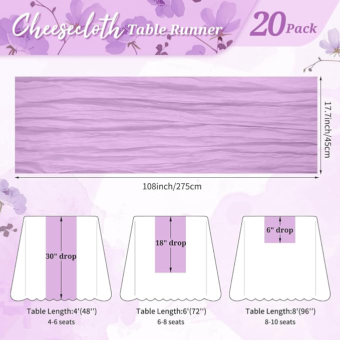 Pesonlook Cheesecloth Table Runner Light Purple, 20 Pack 17.7x108 inch - Image 2