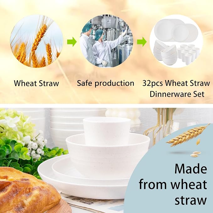 32pcs White Wheat Straw Dinnerware Set, Plates and Bowls Sets - Image 4