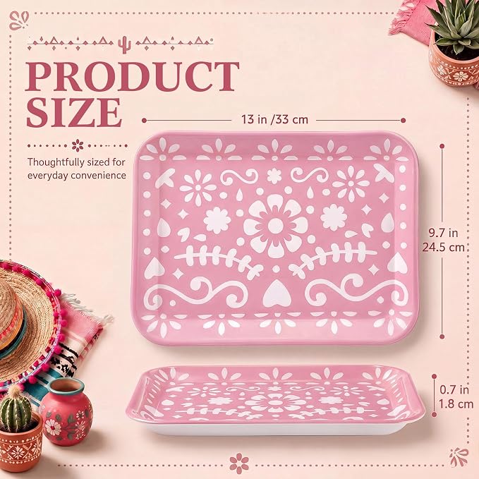 4 Pieces Mexican Serving Trays Pink Fiesta Melamine Platters Reusable Rectangle - Image 2