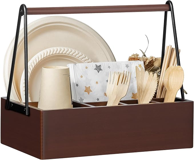 PTSTING Silverware Caddy with Handle Acacia Wood, Paper Plate Dispenser | by PTSTING
