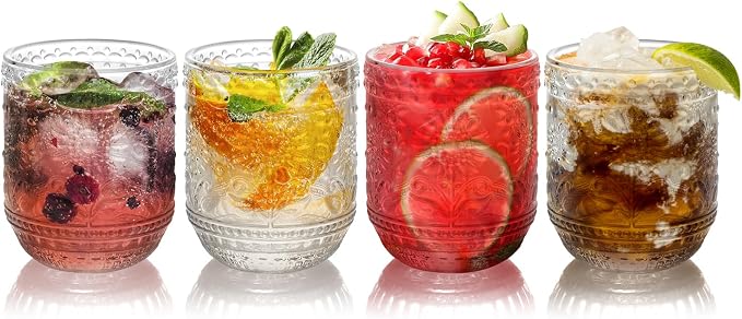 Topsky Vintage Drinking Glass Set of 4, 12 oz Embossed Floral Drinkware Set by HomeandKitchenNO1