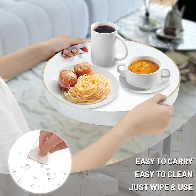 13" White Decorative Tray, Plastic Round Serving Tray - Image 4