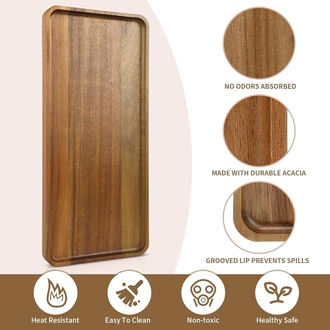 15.7" x 7" Large Solid Acacia Wood Serving Tray Rectangular Wooden Serving - Image 3
