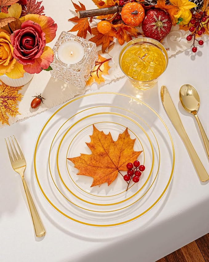 bUCLA 300Pcs Clear Gold Plastic Disposable Dinnerware Set - Image 3