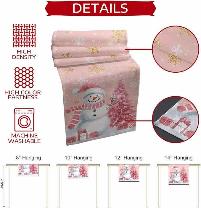 Pink Christmas Snowman Table Runners 108 Inches Long, Cotton Linen Fabric - Image 8