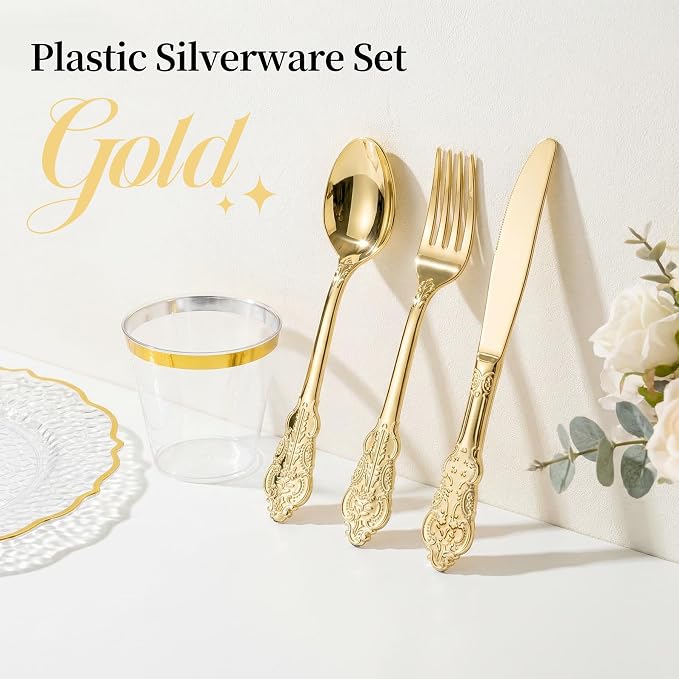 120PCS Gold Plastic Silverware, Vintage Disposable Utensils & Cutlery | 40 - Image 7