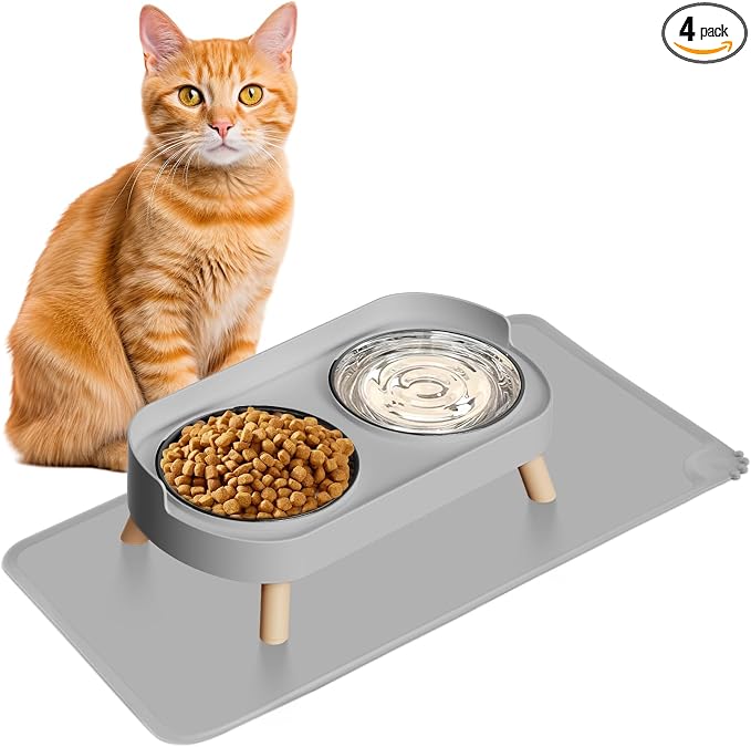 Elevated Cat Bowl with Food Mat, Raised Cat Food and Water Bowl Set by HIAIEVIY