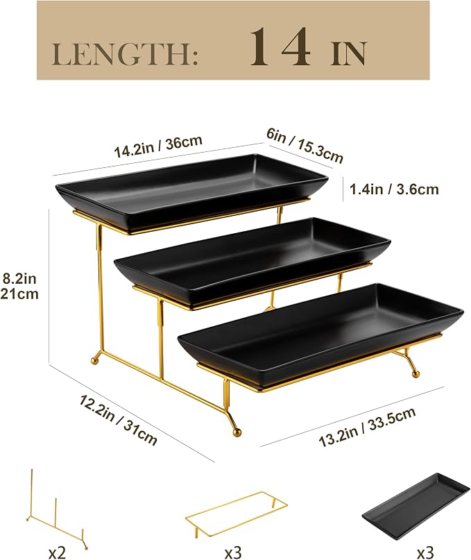 MALACASA 3 Tier Serving Trays for Party, 14 Inch Porcelain Black Trays for - Image 2