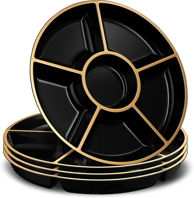 PLASTICPRO 6 Sectional Round Plastic Serving Tray/Platters Black & Gold Pack of by PLASTICPRO