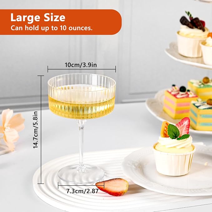 ZOMUIA Ribbed Coupe Glasses 6 Pcs, 10 oz Plastic Champagne Coupe Detachable - Image 2