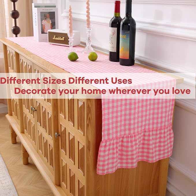 Coral Pink White Plaid Gingham Ruffle Table Runner 120 inches Long 100% Washed - Image 6