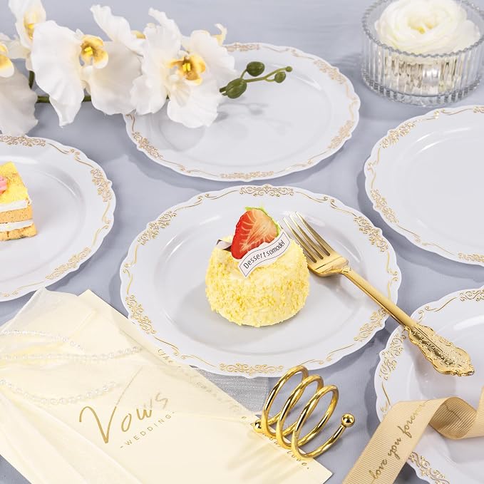 DaYammi 60PCS White and Gold Plastic Plates, Disposable Heavy Duty Plates - Image 4