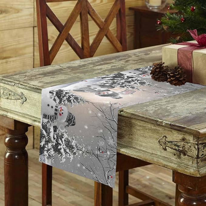 Christmas Snowman Short Table Runners 48 Inches, Cotton Linen Fabric Snowflake - Image 3