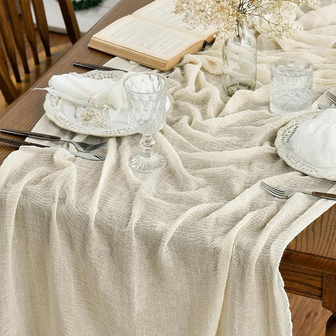 Artoid Mode Boho Beige Gauze 6 Pieces Wedding Table Runner, 120 Inch Birthday - Image 2