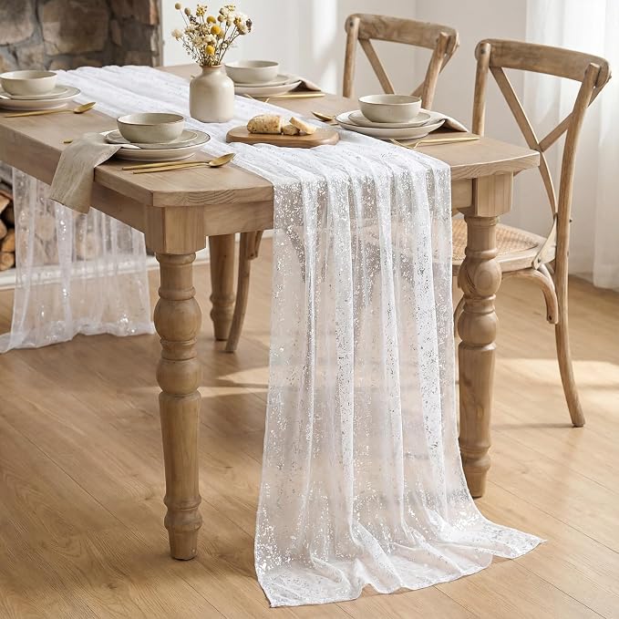 Artoid Mode White Silver Gauze Table Runner 59x120 Inch 10FT, Glitter Metallic - Image 8