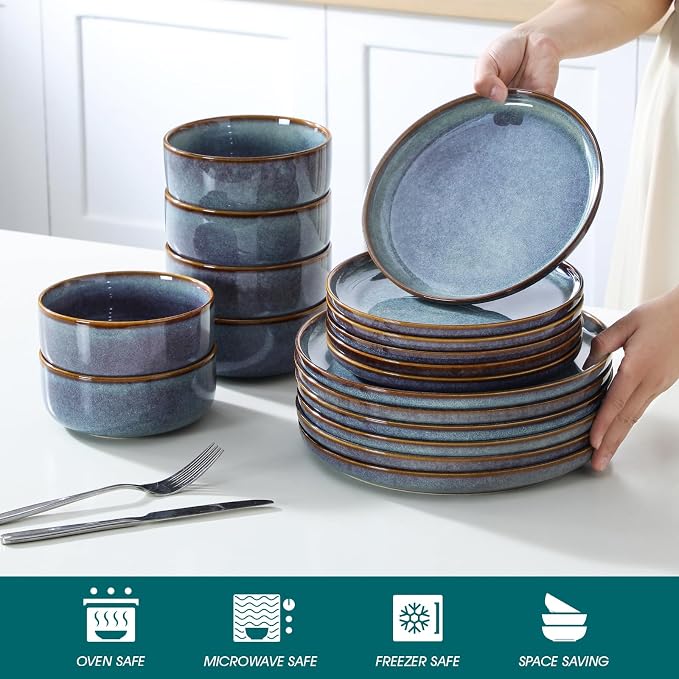 vancasso PLAYA Plates and Bowls Sets, 18 Pieces Grey-Blue Dinnerware Sets - Image 4