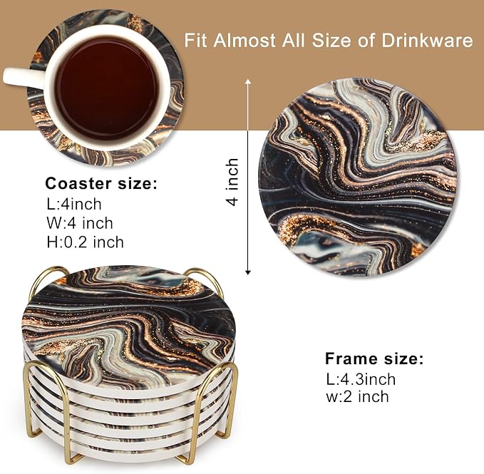 6 Pcs Black and Gold Marble Coasters - Image 3