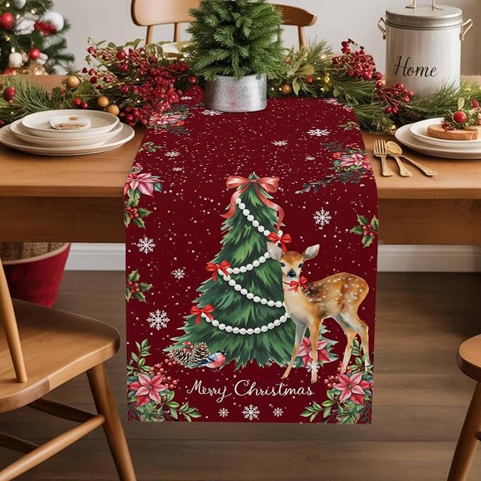 Christmas Reindeer Table Runners 120 Inches Long, Cotton Linen Fabric Red Table - Image 5
