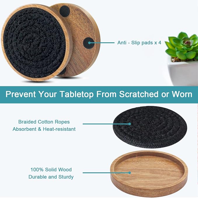 Eykao Wood Coasters for Drinks, Absorbent Coaster Sets of 8, Woven Drink - Image 5