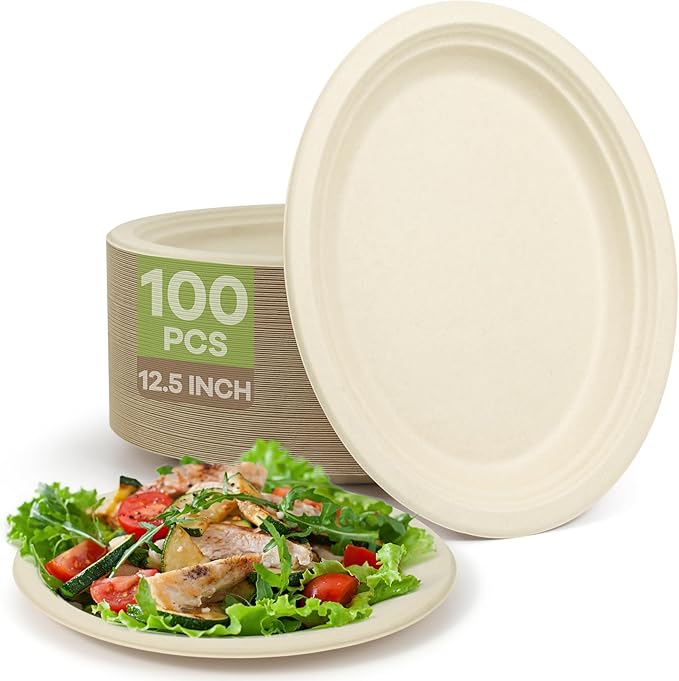 100pc Disposable Oval Paper Plates, 12.5" Biodegradable Compostable Heavy Duty by FEHHTOEco-friendlyLiving