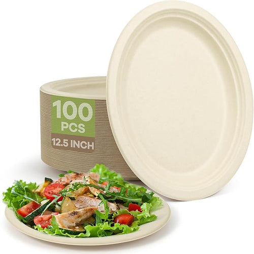 100pc Disposable Oval Paper Plates, 12.5" Biodegradable Compostable Heavy Duty by FEHHTOEco-friendlyLiving