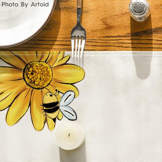 Artoid Mode Beige Bee Sunflower Table Runner, Seasonal Spring Summer Flowers - Image 7