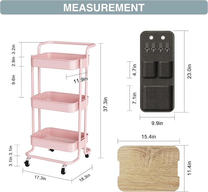 DTK 3-Tier Rolling Cart with Table Top, Metal Utility Cart with Side Bags | - Image 7
