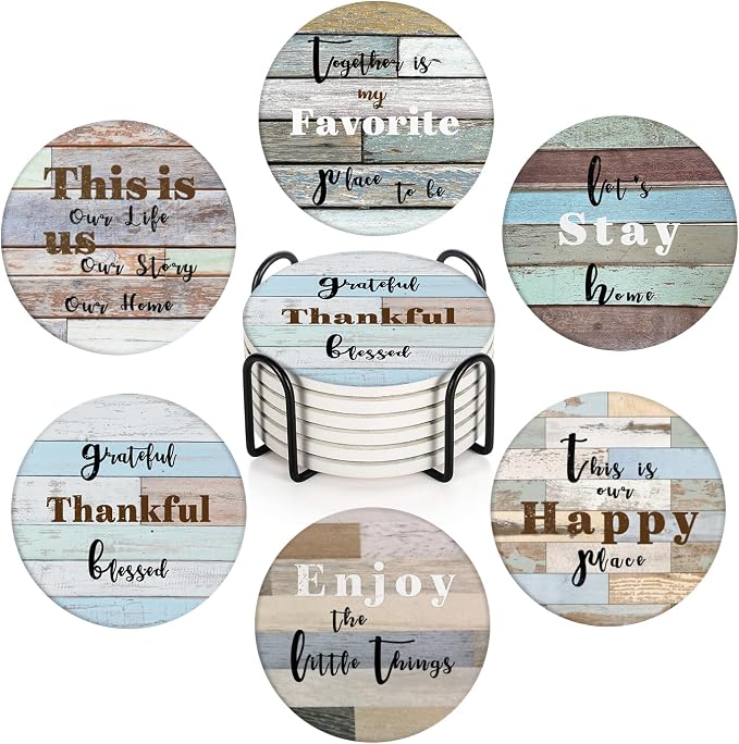 Coasters for Drinks, Ceramic Stone Wood Farmhouse | Absorbent Round Table Mat by BRIBAY