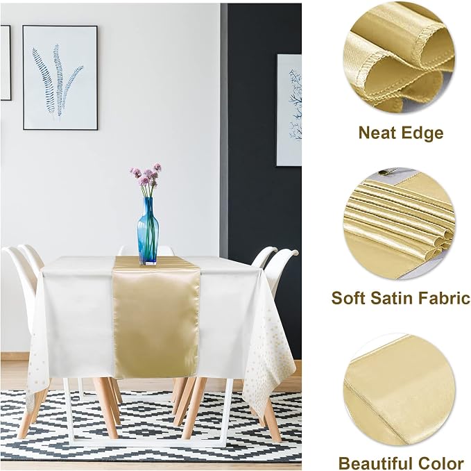 24Pack Disposable Plastic Tablecloths and Satin Table Runner Set White and Gold - Image 3