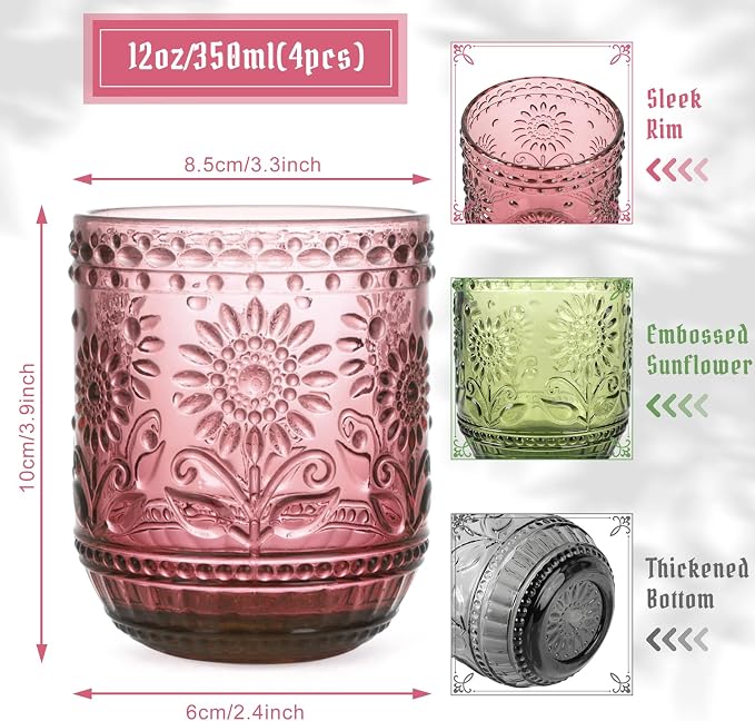 Topsky Vintage Drinking Glass Set of 4, 12 oz Embossed Floral Drinkware Set - Image 4