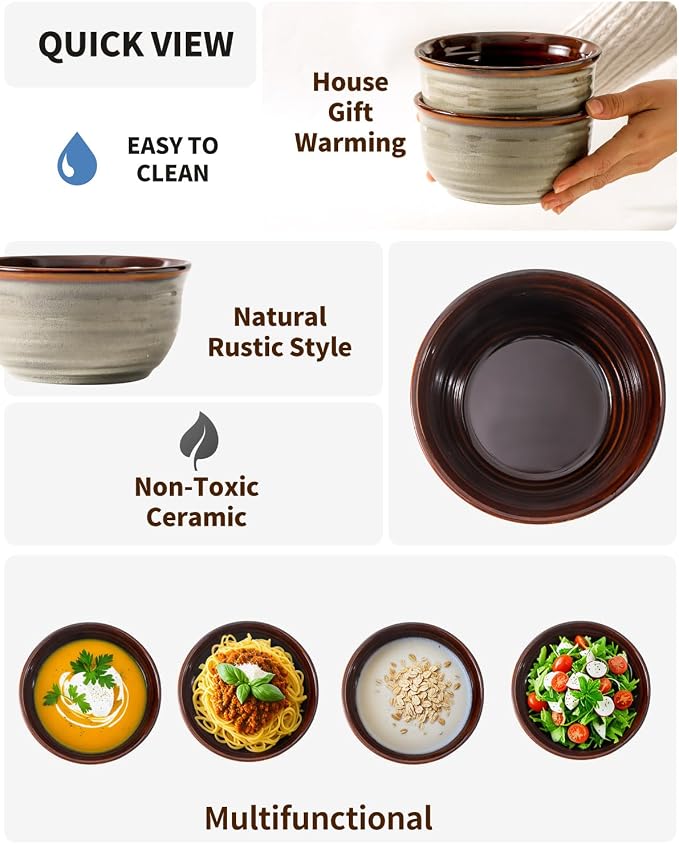 HASENSE Ceramic Cereal Bowls Set of 6, 20 oz Reactive Glaze Grey Soup Bowls | - Image 5
