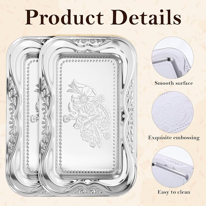 6 Packs Silver Serving Trays, 13.8" x 8.7" Bow Floral Engraved Mirror - Image 3