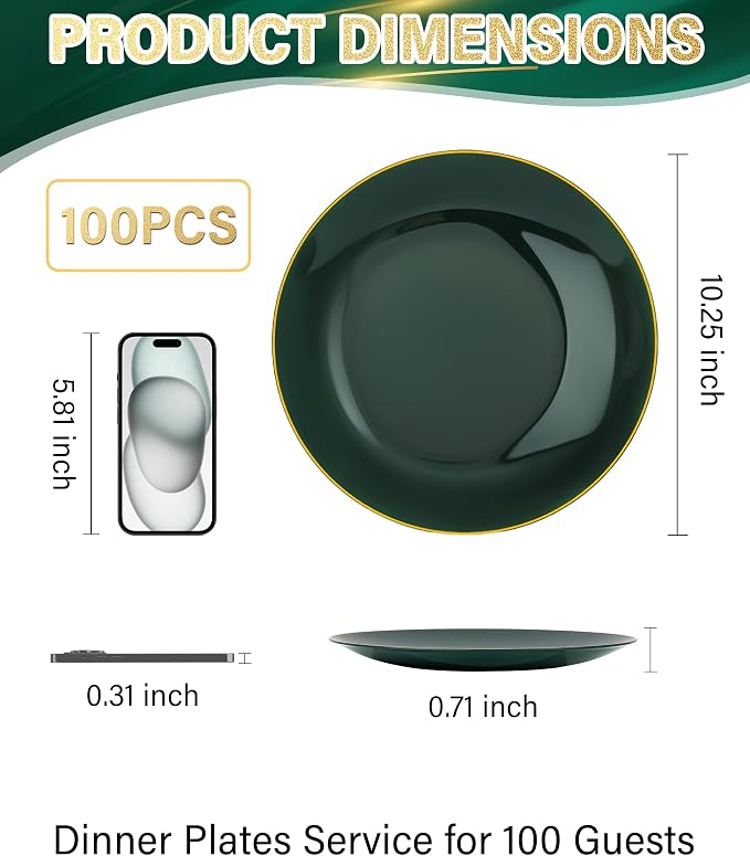 Nervure 100PCS Green and Gold Plastic Plates 10.25″ Disposable Dinner Plate | - Image 3