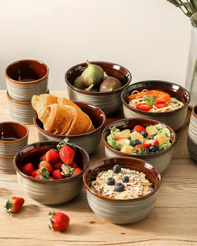 HASENSE Ceramic Cereal Bowls Set of 6, 20 oz Reactive Glaze Grey Soup Bowls | - Image 2