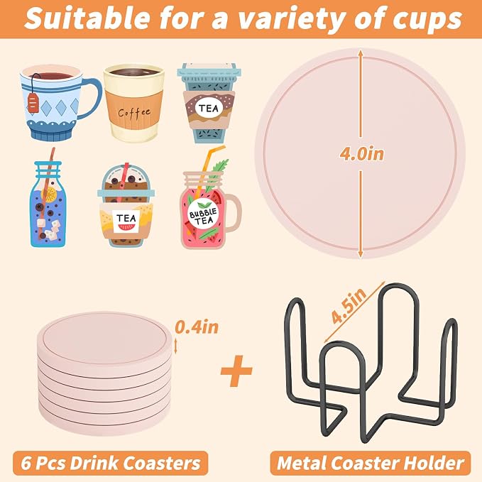 Azhou 6Pcs Drink Coaster with Holder, Non-Slip with Velvet Bottom, Thick Heavy - Image 3