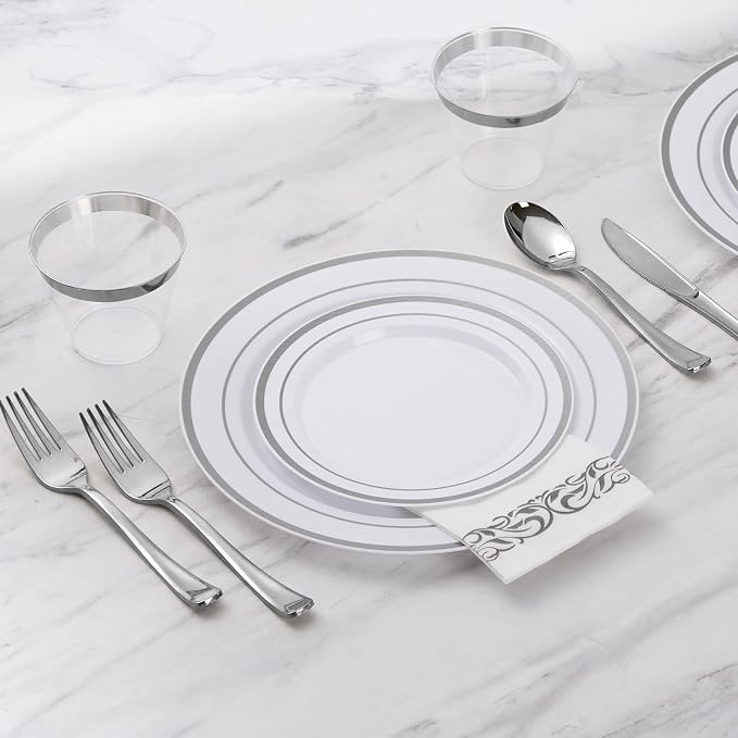 175 Pcs Silver Dinnerware Sets for 25 Guests, Disposable Plate Set | Plastic - Image 5